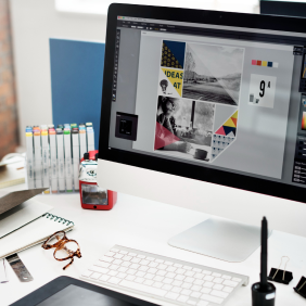Modern and creative designer workspace showcasing design tools.